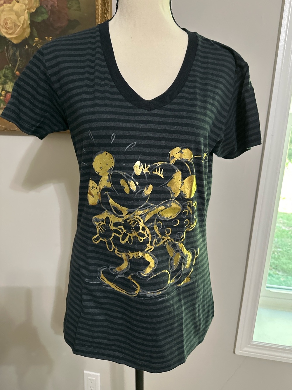 Disney Mickey and Minnie Striped Black V-Neck Tee with Gold Graphic